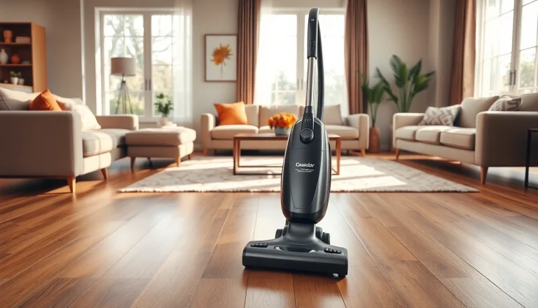 Vacuum cleaner in a modern living room, highlighting its design and cleanliness.