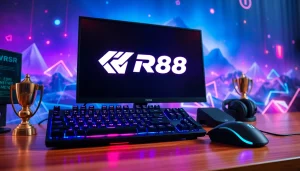 Showcasing the RR88 logo on a professional gaming setup with vibrant lighting and equipment.