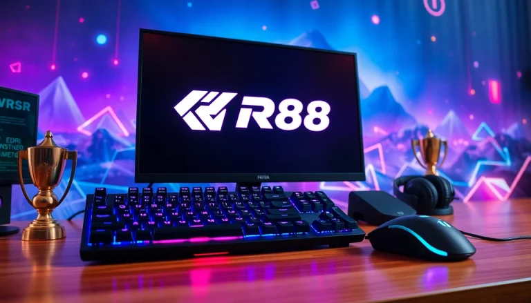 Showcasing the RR88 logo on a professional gaming setup with vibrant lighting and equipment.
