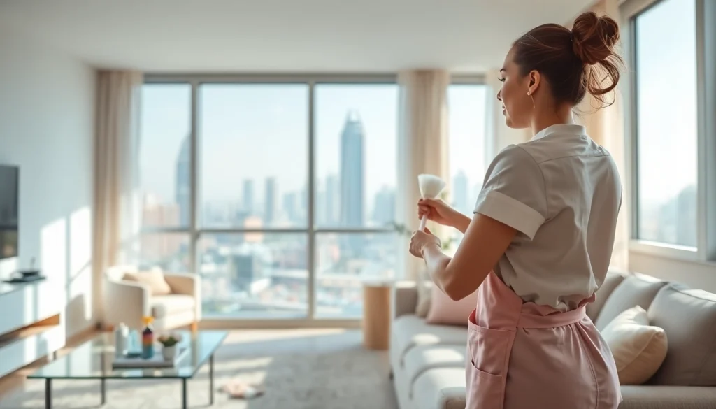 Hire a professional maid in Dubai providing cleaning services in a stylish apartment.