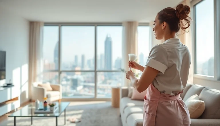 Hire a professional maid in Dubai providing cleaning services in a stylish apartment.