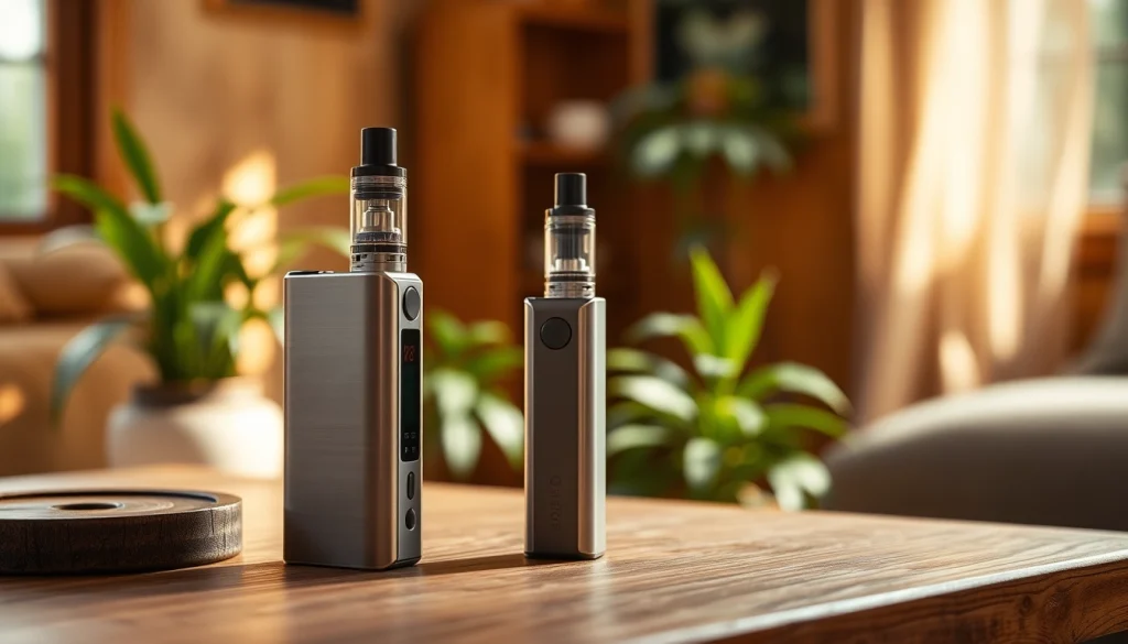 Vape-Gerät auf einem Tisch, umgeben von natürlicher Beleuchtung und entspannter Atmosphäre.