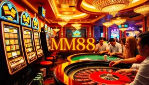 Experience the excitement of MM88 with players at a vibrant casino table, poker chips, and thrilling slot machines.