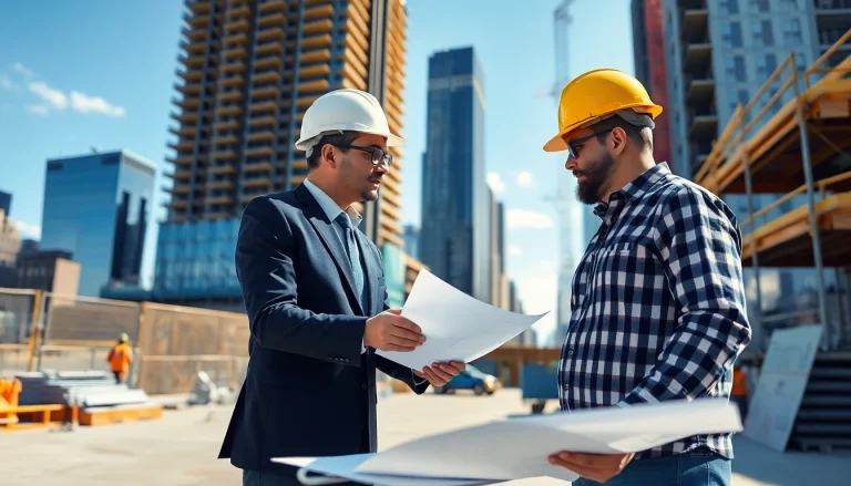 New York City Construction Manager analyzing blueprints on an active construction site.