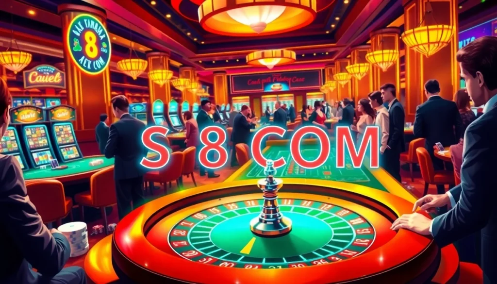 S8 COM tables bustling with players enjoying roulette and poker games in a lively casino.