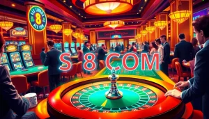 S8 COM tables bustling with players enjoying roulette and poker games in a lively casino.