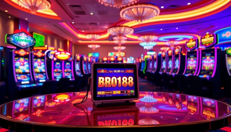 Putar bro138 slot dengan suasana kasino yang meriah dan mesin slot yang berwarna-warni.