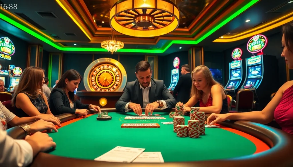 Experience the thrill of c1688 while players engage at a vibrant casino poker table with colorful chips.