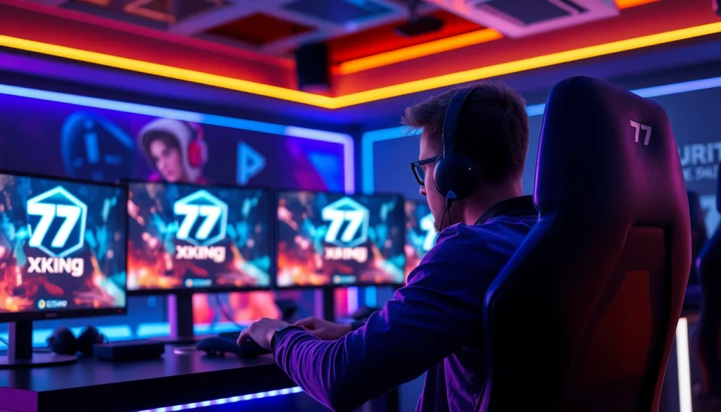 Engaged gamer focusing on the screen showcasing the 79king logo in a dynamic gaming setup.