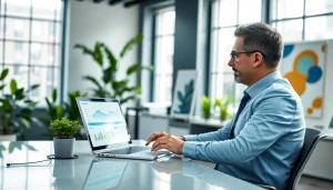 Engaging business reporter analyzing data on https://antrepost.com in a modern office setting.