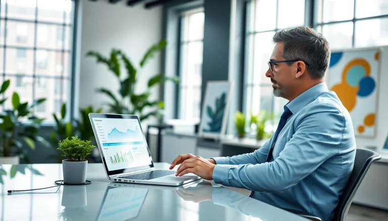 Engaging business reporter analyzing data on https://antrepost.com in a modern office setting.