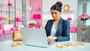 Shop for fashionable accessories on https://www.lyliarose.com with a stylish woman engaged in online browsing.