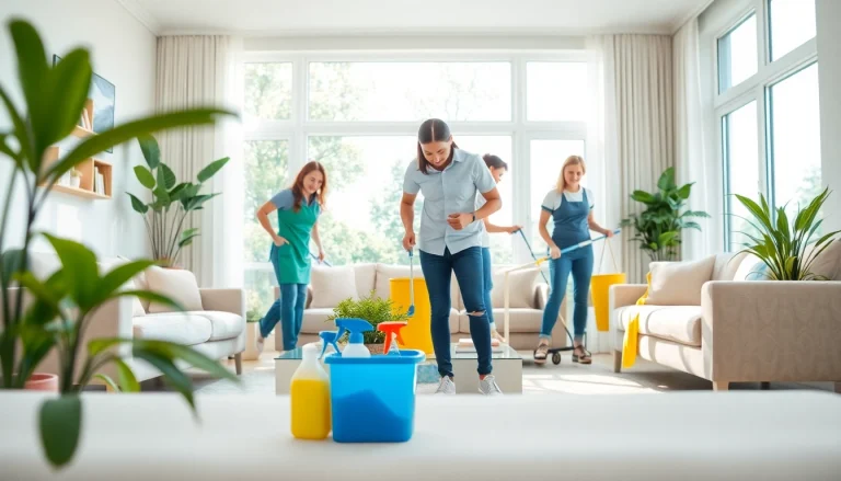 Cleaning Service team meticulously organizing a bright living room, showcasing a fresh, clean environment.