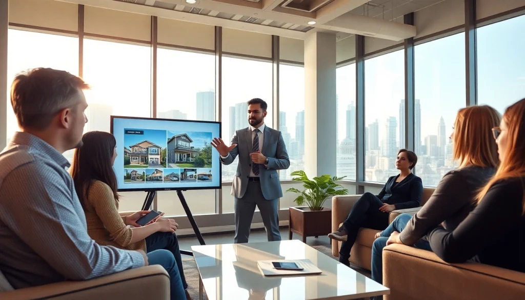 Real Estate agent helping clients in a modern office setting with city view