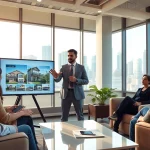 Real Estate agent helping clients in a modern office setting with city view