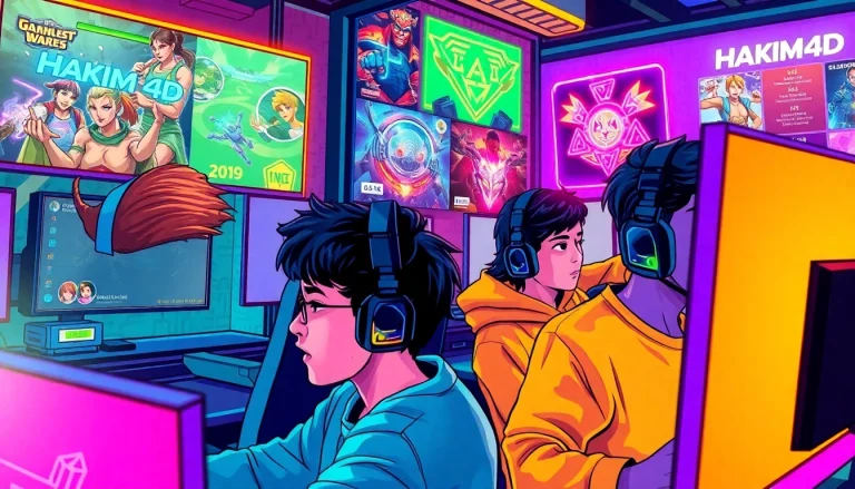 Menampilkan gamers sedang bermain hakim4d game dengan semangat tinggi di ruang gaming yang berwarna-warni.