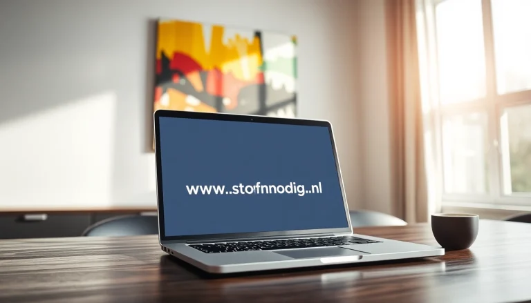 Bekijk de website https://www.stofnodig.nl op een moderne werkplek met laptop en kleurrijk kunstwerk.