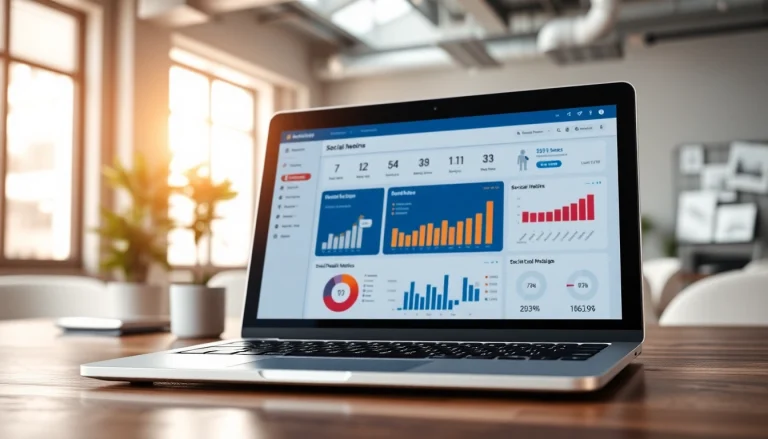 Showcase of an smm reseller panel interface on a modern laptop highlighting social media metrics.