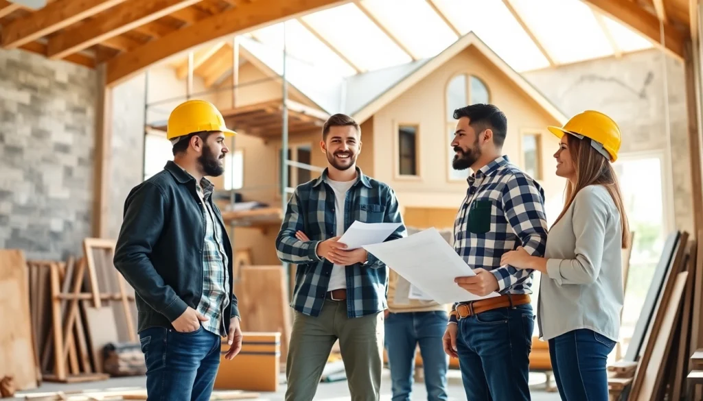 Find good builders near me collaborating on a home construction project with tools and plans.