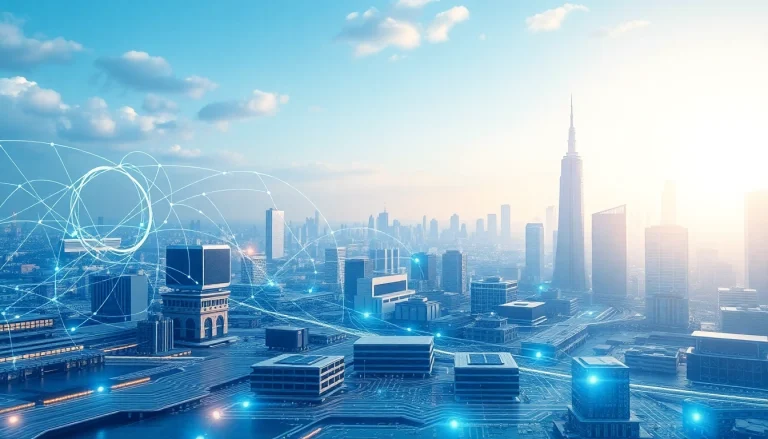 Explore technology impacts with mohamedmmblog.tech showcasing AI and IoT in a vibrant cityscape.