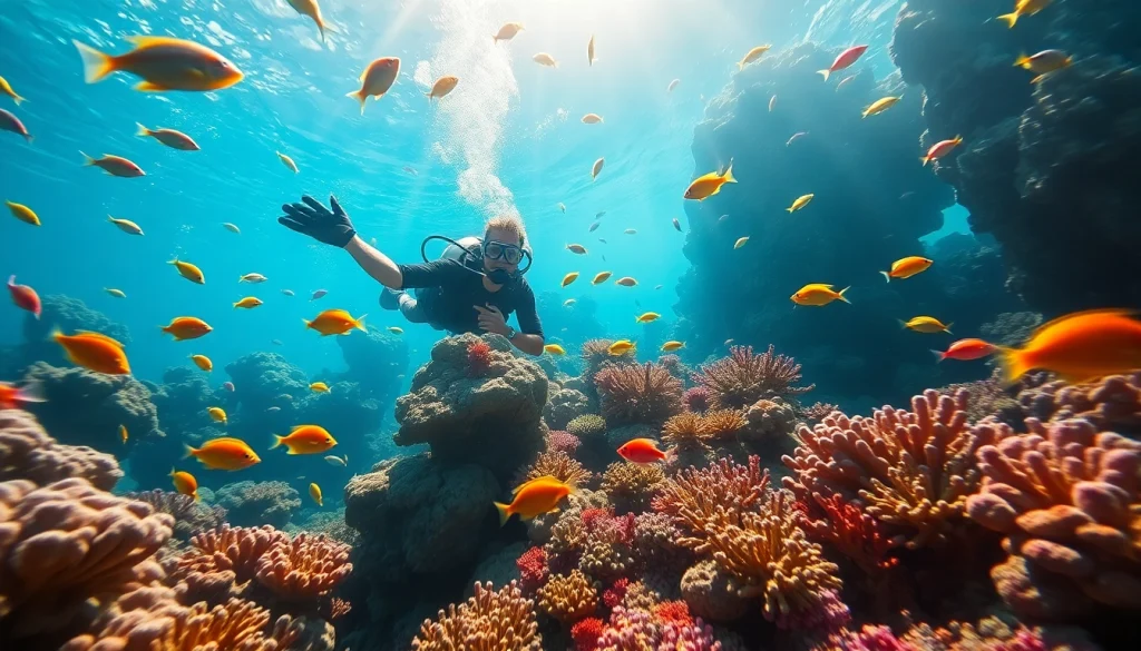 Experience the underwater adventure at https://marvinscubaexpeditions.com with a diver amidst vibrant marine life.