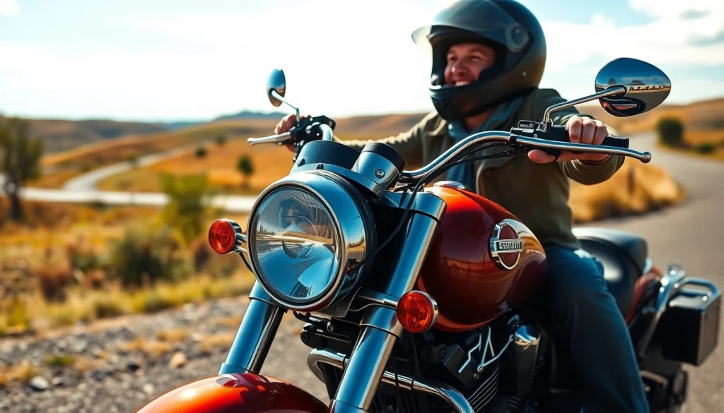 Motorrad fröhlich erleben mit einem begeisterten Fahrer und leuchtend glänzendem Motorrad.