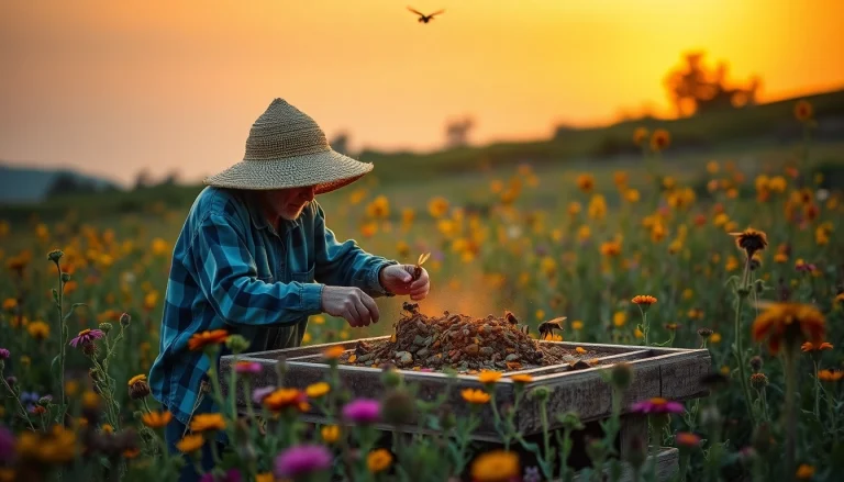 Observa las colmenas dadant llenas de abejas polinizando flores en un campo.