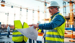 New Jersey General Contractor engaging with workers on a busy construction site with blueprints in hand.