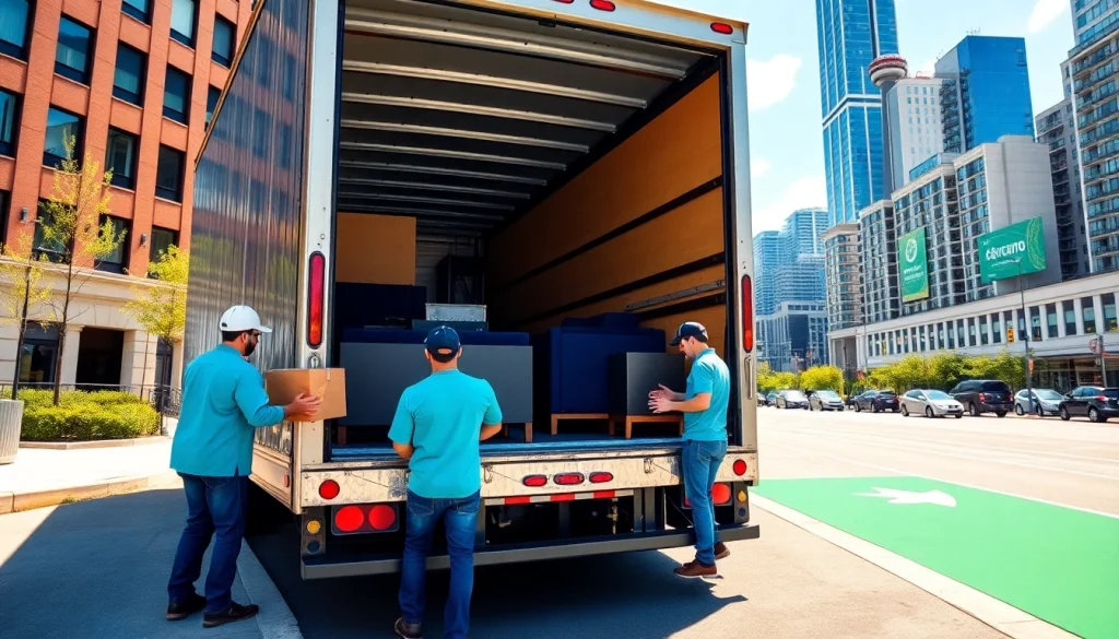 Efficient team handling Toronto moving services, loading furniture into a moving truck in the city.