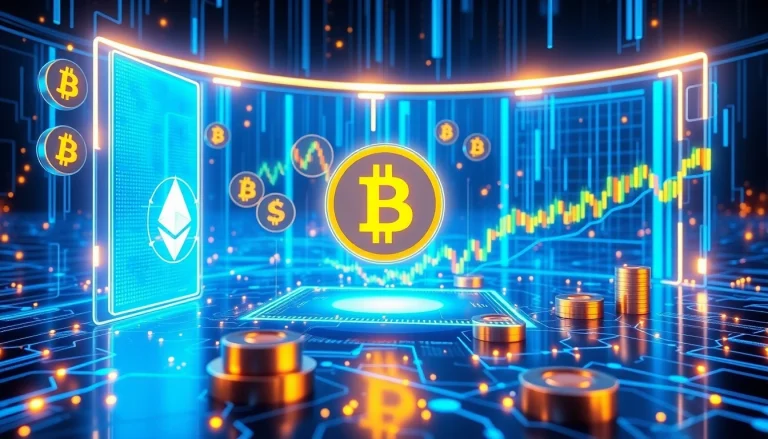 Cryptocurrency trading scene with Bitcoin, Ethereum, and blockchain visualizations, showcasing digital wallet security.