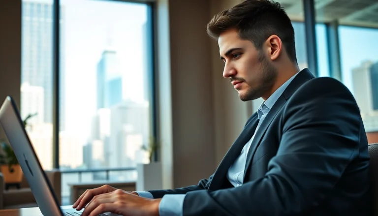 Rent LinkedIn Account in a modern office with a focused professional working on a laptop.