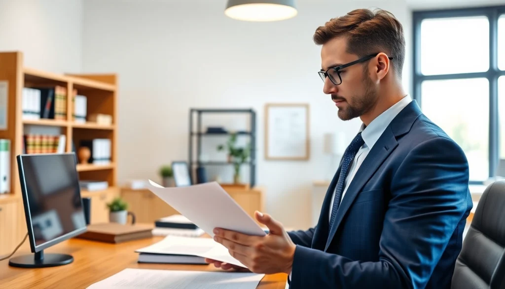 Reviewing legal documents at https://www.fisher-wilsey-law.com with a professional demeanor.