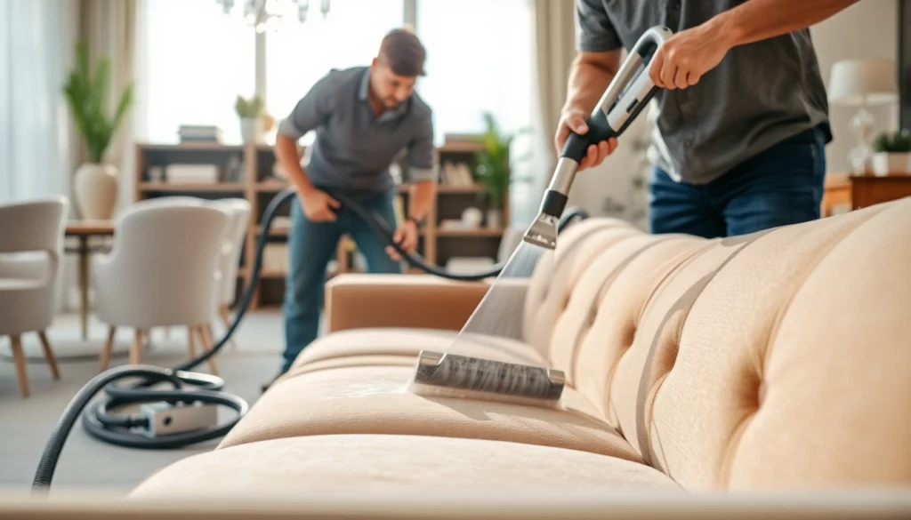 Sofa cleaning Dubai service in a chic living room environment with a cleaning technician.