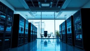 Modern office setup showcasing cloud mining technology with digital analytics on screens.