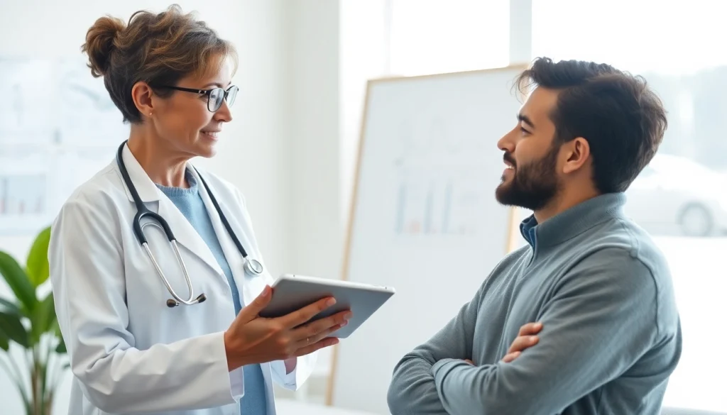 Discussing Health insights between a healthcare provider and a patient in a modern clinic.