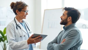 Discussing Health insights between a healthcare provider and a patient in a modern clinic.