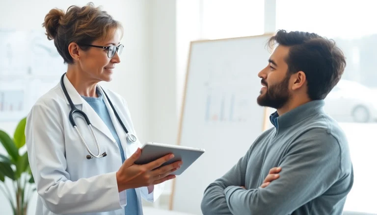 Discussing Health insights between a healthcare provider and a patient in a modern clinic.