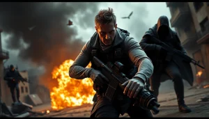 Heroic figure battling adversary in a suspense-filled action-packed thriller scene.