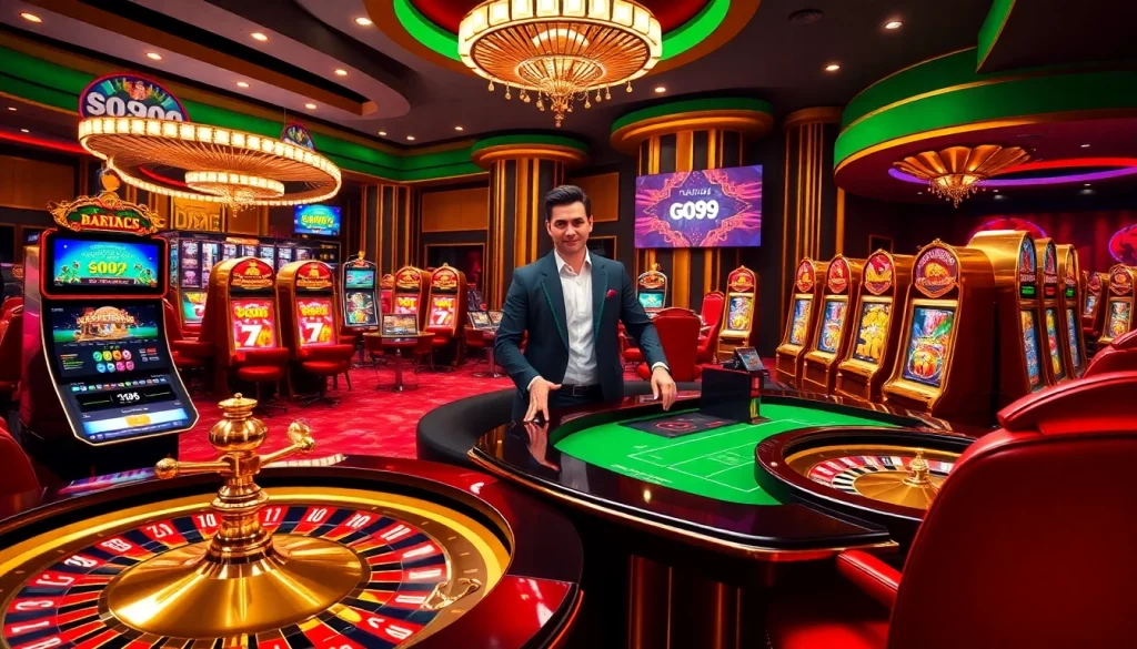 Exciting online gambling scene illustrating the features of https://go99.now/ with poker tables and slot machines.