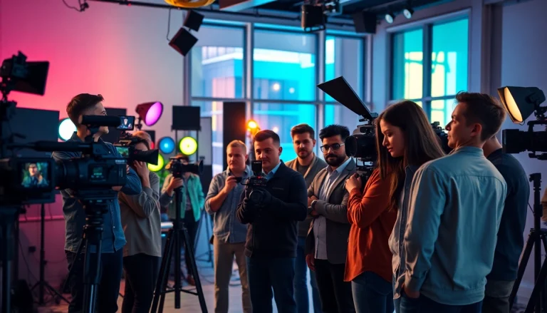 Collaborative atmosphere of Video Production Company Calgary team working in a modern studio.