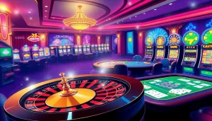 Thrilling gaming experience at Nhà Cái 32WIN with elegant tables and vibrant slot machines.