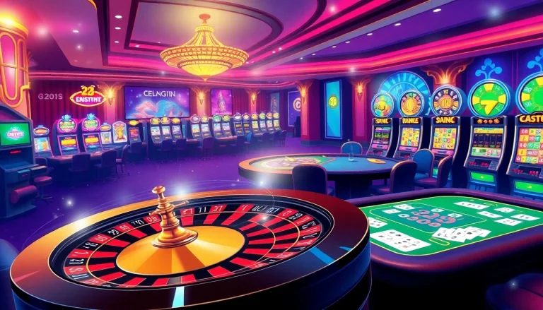 Thrilling gaming experience at Nhà Cái 32WIN with elegant tables and vibrant slot machines.