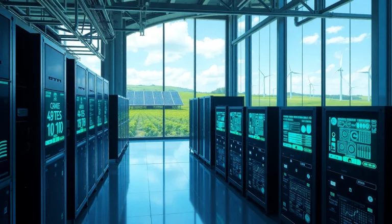 Crypto mining facility powered by renewable energy and AI technology, showcasing advanced rigs and real-time stats.