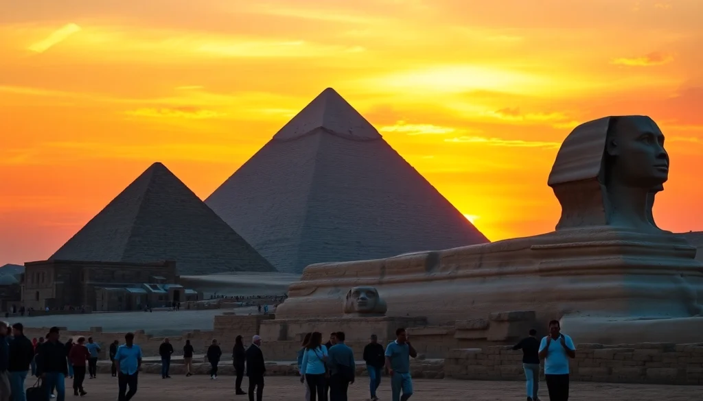 Travelers admire the Pyramids of Giza at sunset, part of https://emegypt.net stunning Egypt tour experience.