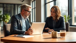 Career Coach near me guiding a client in professional office setting with laptop discussions.
