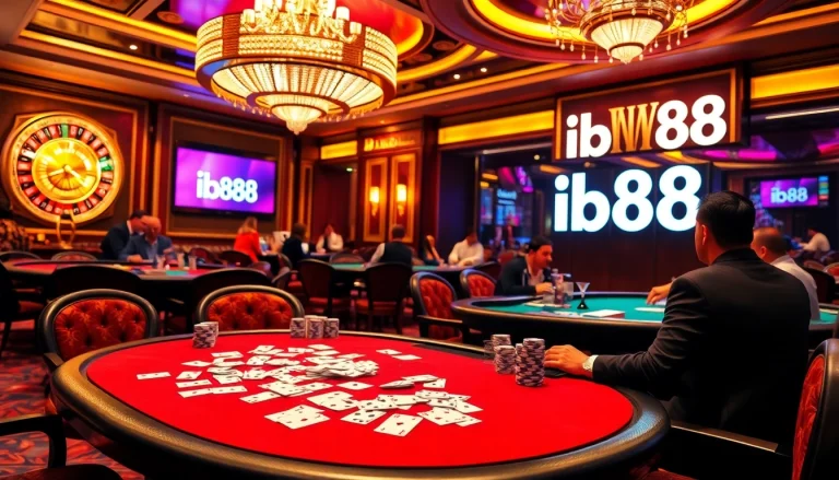 Experience high-stakes poker action with ib88 at a luxurious casino table topped with chips.