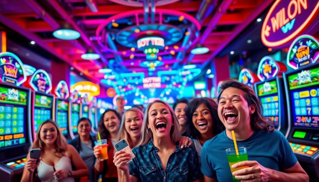 Petani toto merayakan kemenangan di mesin slot yang penuh warna dan ceria.