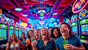 Petani toto merayakan kemenangan di mesin slot yang penuh warna dan ceria.