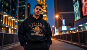 Luxury streetwear brand model in urban setting showcasing high-fashion style.