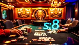 Players at an s8 poker table strategizing their winning moves in a vibrant casino setting.